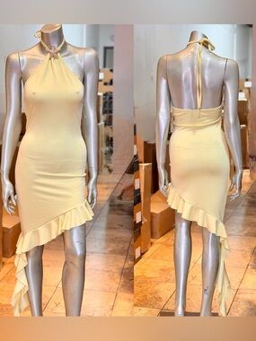 Halter High-Low Ruffle Dress in Soft Yellow - Women